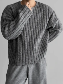 男士罗纹街头风毛衣，独特设计，宽松圆领长袖套头衫，简约风格，适合秋冬季穿着 - 灰色 - 查看 3