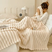 Warm And Cozy Flannel Blanket With Drawstring, Faux Rabbit Fur, Soft And Warm For Couch, Ideal For Nap, Office, Camping, Versatile Striped - Gift For All Seasons - Beige - View 6