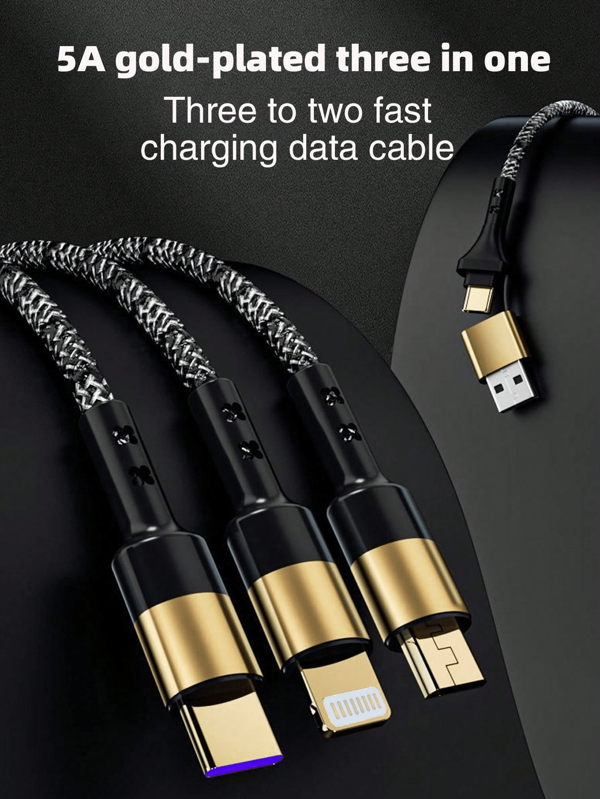 2PCS/1PC 3-In-2 100W Fast Charging Gold-Plating Cable Smart Super Fast Charging Support Multi-Interface Charging USB Visual Power Charging Cable Compatible With Iphone , Compatible With Samsung OPPO Car Fast Charging Cable. 3-In-1 Fast Charging Cable For Micro USB & Type C Devices Simultaneously!