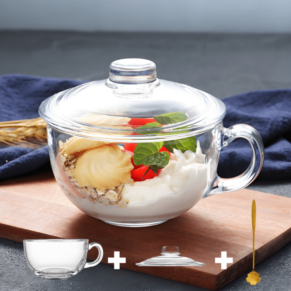 3Pcs Dinnerware Set Handle Mixing Bowl With Lid And Spoon,Bowls For Ramen,Noodles,Salads,Oatmeal,Milk,Fruits,The Set Includes A 500ml Glass Bowl, A Lid And A Small Spoon,Hot And Cold For