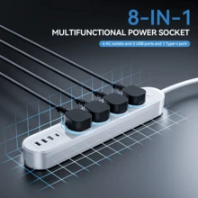 4 prize CA, 3 porturi USB, 1 prelungitor cu port Type-C cu protecție la supratensiune, prelungitor de 1,5 m/3 m/4,5 m, potrivit pentru bucătărie, cămin, birou, garaj și uz casnic.