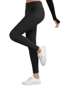 1pc Women's Black Solid Color Elastic Waist Leggings,Thermal Lined With 2 Side Pockets - Autumn/Winter Warm Staple,Fleece - Black - View 10