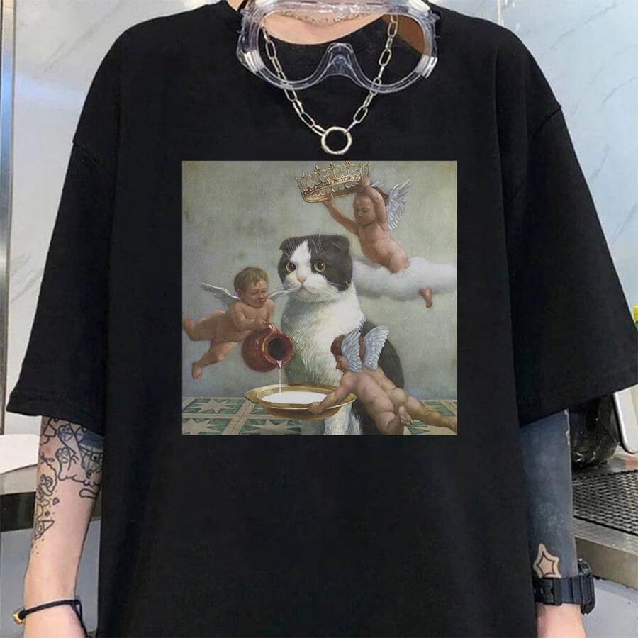 Renaissance Painting Cat Aesthetich Unisex T-Shirt - Black - View 1