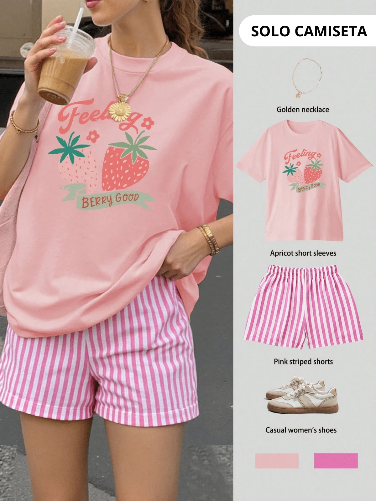 Camiseta de mujer de verano blusa oversize de manga corta con estampado fresas ideal para el tiempo libre y las vacaciones en la playa - Rosa - Ver 1