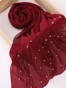 1pc Women's Solid Color Chiffon Long Scarf With Pearl Decor Chiffon Headscarf For Dress - Burgundy - View 1