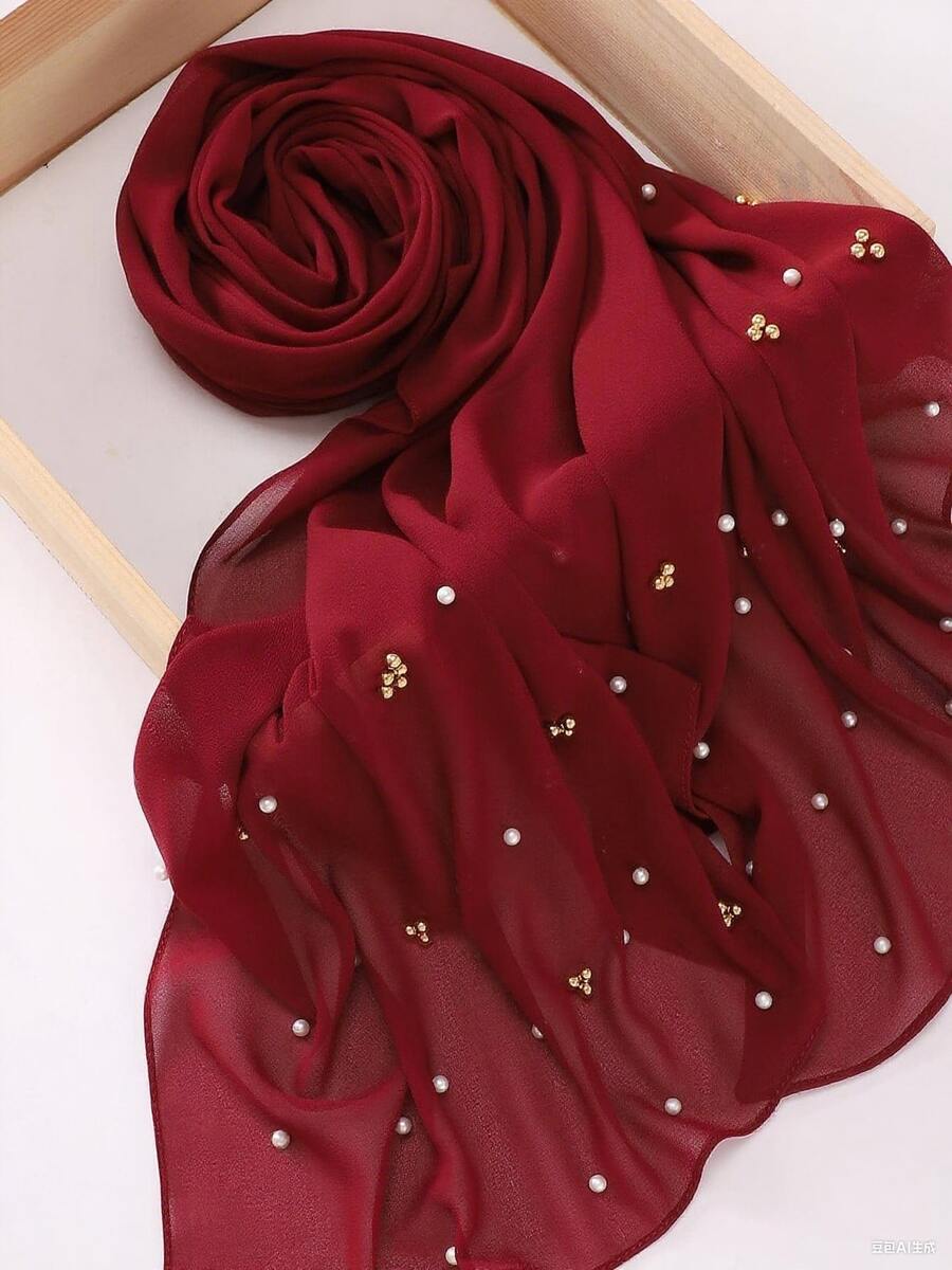 1pc Women's Solid Color Chiffon Long Scarf With Pearl Decor Chiffon Headscarf For Dress - Burgundy - View 1