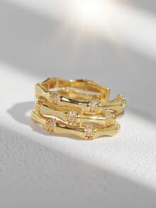 Charm-In 1 chiếc nhẫn đốt ngón tay bằng tre mạ vàng nhiều lớp đính đá Zirconia đỏ và Zirconia hồng, quà tặng ngày lễ tình nhân - đá vàng/hồng - Xem 3