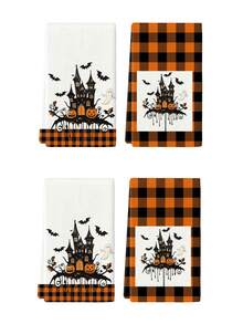 2pcs/4pcs/12pcs Halloween Castle Pattern Kitchen Towels, Halloween Bat Pattern Bathroom Towels, Halloween Outdoor Party Towels, Halloween Home Decor, Halloween Kitchen Decor, Modern Style, Quick Drying, Super Soft Microfiber Material, Rectangular, 15.75IN*23.62IN/40*60CM Digital Printing Pattern, Suitable For Outdoor Party Decoration, Halloween Holiday Gifts