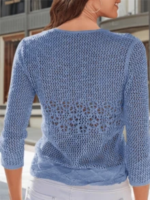 Womens Sheer Shrug Sweaters 3/4 Sleeve Open Front Tie Cardigan Bolero Jacket Lightweight Crochet Knit Cover Up Tops - Màu xanh denim - Xem 2