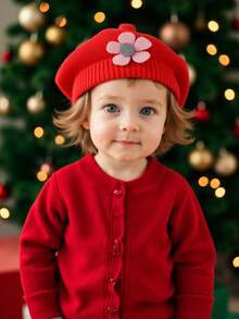 1件装宝宝毛线帽英伦复古街头风秋冬女童可爱花朵贝雷帽针织艺术画家帽百搭帽子1-4岁女童 - 彩色 - 查看 2