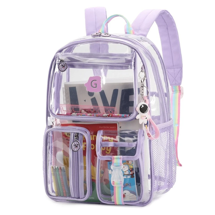 Back To School Clear Backpack – Stylish Transparent Bag With Keychain, Durable & Lightweight - Mauve Purple - View 1