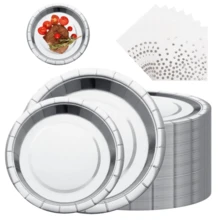 Bộ 60 món đồ dùng ăn uống bằng giấy bạc dùng một lần, bao gồm đĩa và khăn ăn bằng nhôm tròn 7"/9", đĩa tráng miệng/bánh chắc chắn, thích hợp cho đám cưới, họp mặt gia đình, sinh nhật, dã ngoại, tiệc nướng, ngày lễ và nhiều dịp khác. - Bạc - Xem 3