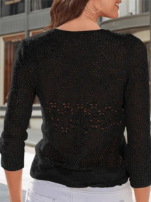 Womens Sheer Shrug Sweaters 3/4 Sleeve Open Front Tie Cardigan Bolero Jacket Lightweight Crochet Knit Cover Up Tops - Black - View 2