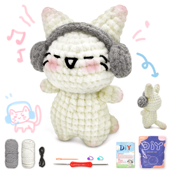 1PC Cat Crochet Material Package,Cute Crochet Stuffed Animal Kit , Birthdays Gift, Crochet Animal Kit For Beginners Include Videos Tutorials,Yarn,Seam Markers,And Instructions(Accessories In Random Color)