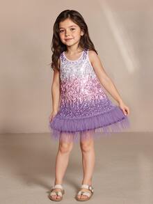 SHEIN Elladie kids Young Girl's Fashionable Ombre Sequin Fluffy Hem Summer Dress - Purple - View 5