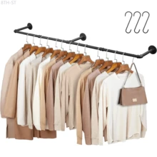8TH-ST 66.1" Industrial Pipe Clothing Rack, Wall Mounted Clothes Rack For Hanging Clothes, Detachable Space-Saving Heavy Duty Iron Garment Rail For Closet Storage 3 Base, Black - 1 - 查看 1