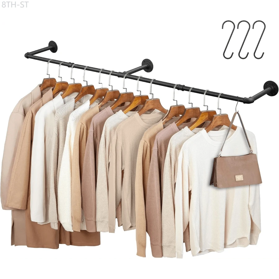 8TH-ST 66.1" Industrial Pipe Clothing Rack, Wall Mounted Clothes Rack For Hanging Clothes, Detachable Space-Saving Heavy Duty Iron Garment Rail For Closet Storage 3 Base, Black - 1 - 查看 1