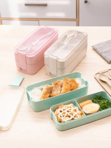 1 pieza Fiambrera de 3 compartimentos, diseño a prueba de fugas, con cuchara y tenedor, reutilizable, apta para microondas, caja portátil aislada para exteriores, juego portátil de preparación de comidas para adultos, útiles escolares, vuelta al colegio, artículos de cocina, regalo de Navidad - Multicolor - Ver 2
