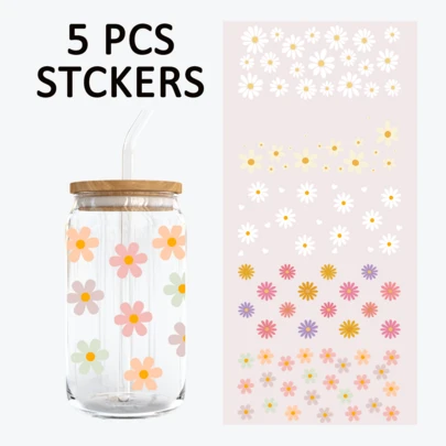 5 buc autocolante drăguțe cu margarete, UV DTF, autocolante cristal rezistente la apă și zgârieturi, potrivite pentru pahare de sticlă de 473 ml, căni, obiecte de artizanat, excelente pentru decorarea obiectelor personale! (10,9 cm x 23,8 cm)