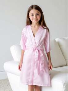 Tween Girl Crossover Short Sleeve Casual Loungewear Robe, Pink - Multicolor - View 5