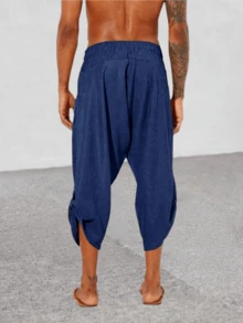 Mens Drawstring Linen Harem Capri Pants 3/4 Shorts Casual Beach Yoga Hippie Thai Pants - Blue - View 3