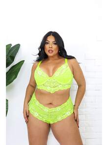 Plus Size Lingerie With Reinforced Straps Cropped And Briefs Plus Size Set - Mustard Yellow - View 1