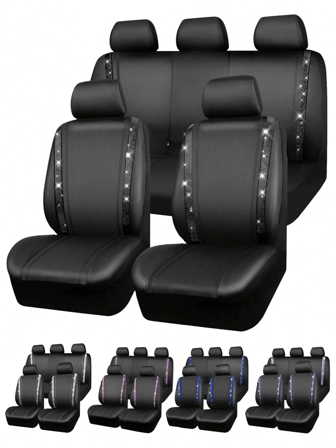 9PCS/4PCS Leather Bling Diamond Car Seat Covers Full Set - Waterproof Anti-Slip Rhinestone Automotive Covers, Universal Fit For Car/SUV/Sedan/Van, Airbag Compatible With Rear Zipper Design 9PCS Includes: 2 Front Seat Covers + 1 Backrest Cover + 1 Back Seat Cover + 5 Headrest Covers, 4PCS Includes: 2 Front Seat Covers + 2 Headrest Covers - 款式A - 查看 1