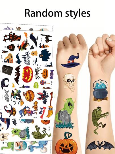 Urocze, kreskówkowe naklejki tymczasowe na Halloween z chłopcem i dziewczynką z motywem dyni, losowe kolory, nowe spersonalizowane naklejki dekoracyjne, odpowiednie do scrapbookingu, wodoodporne naklejki symulujące malowanie ciała, prostokątne, okres użytkowania 2-5 dni, zabawne ramiona, naklejki z kreskówkową modą Y2K, naklejki na artykuły papiernicze, Dzień Dziecka, prezenty wielkanocne