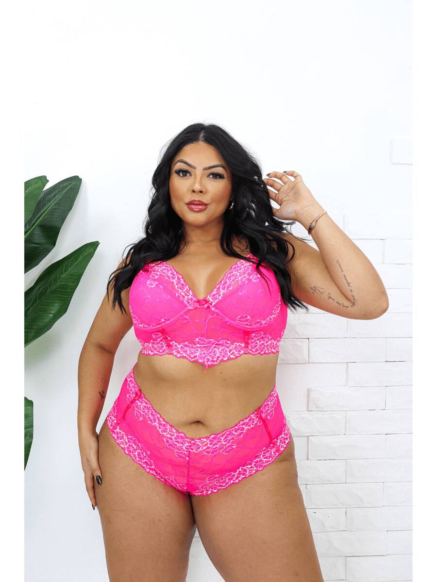 Plus Size Lingerie With Reinforced Straps Cropped And Briefs Plus Size Set - Dusty Pink - View 1