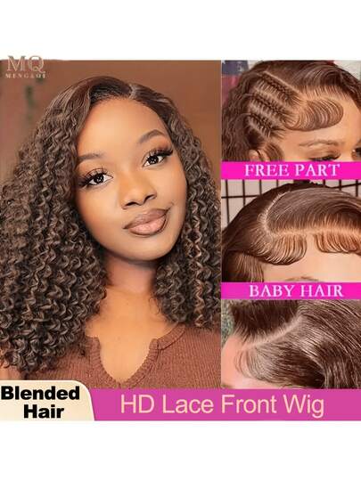 34 英寸巴西原生发棕色戴上即走无胶波波头假发人发混合深波浪短发 4x4 5x5 13x4 13x6 透明蕾丝前部人发混合假发女士 180% 密度预切蕾丝封口假发可直接使用