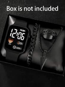 4件套，1件全新LED数字心形电子手表和3件十字/箭头合金戒指项链手链套装。万圣节、圣诞节、情人节、母亲节等节日礼物的最佳选择