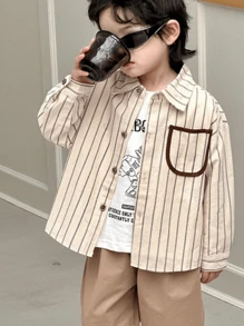 Young Boy Casual Vertical Striped Long Sleeve Shirt - Apricot - View 7