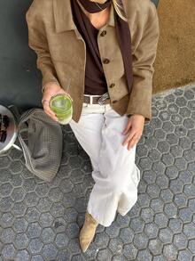 Autumn Thin Stylish Loose Old Money Style Suede Jacket In Khaki Color With Lapel For Women, Featuring Pockets. - Khaki - View 4