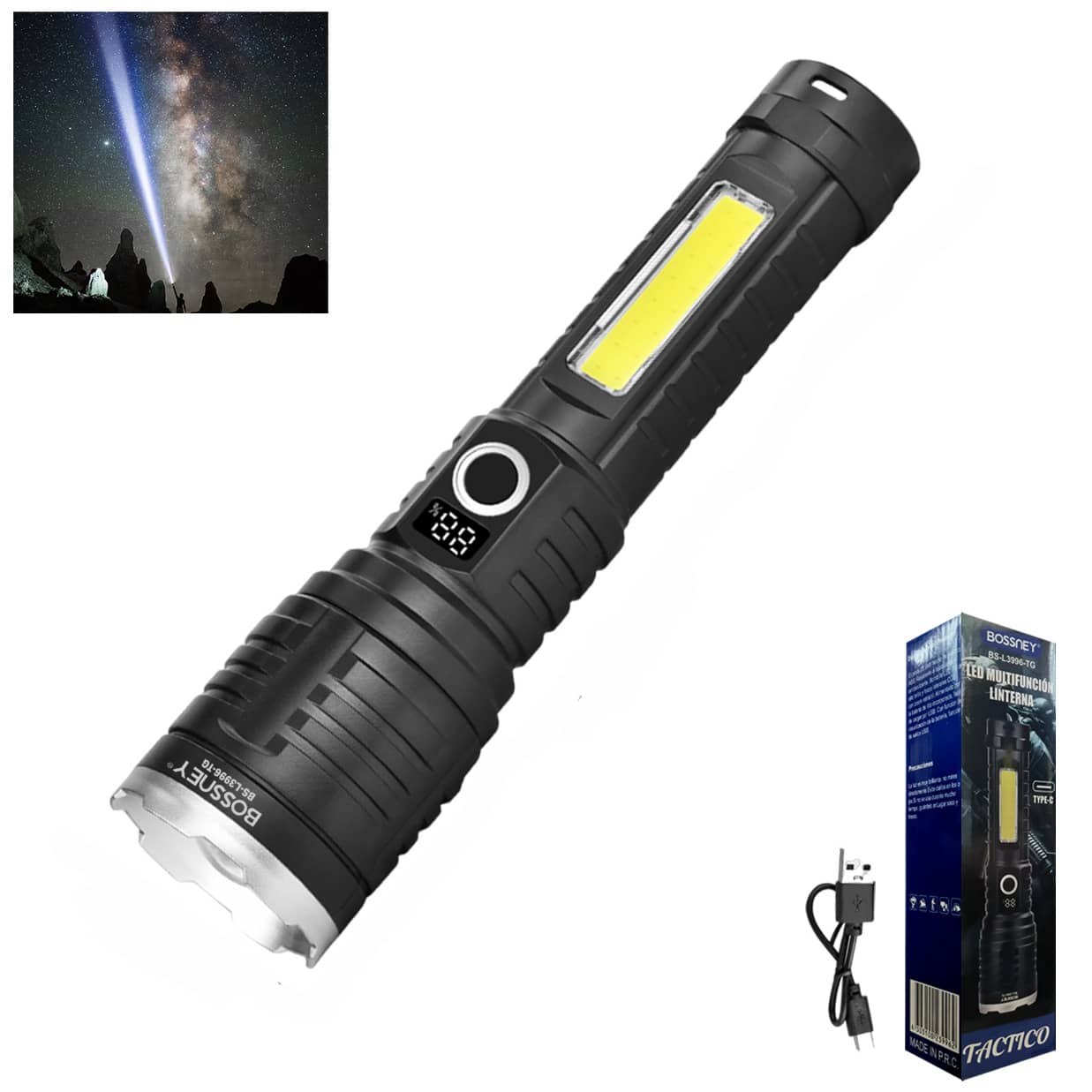 BOSSNEY Linterna LED recargable, linterna LED brillante con zoom, alta luminosidad y 7 modos, potente linterna de emergencia para acampar, hacer senderismo, pasear perros y usar al aire libre