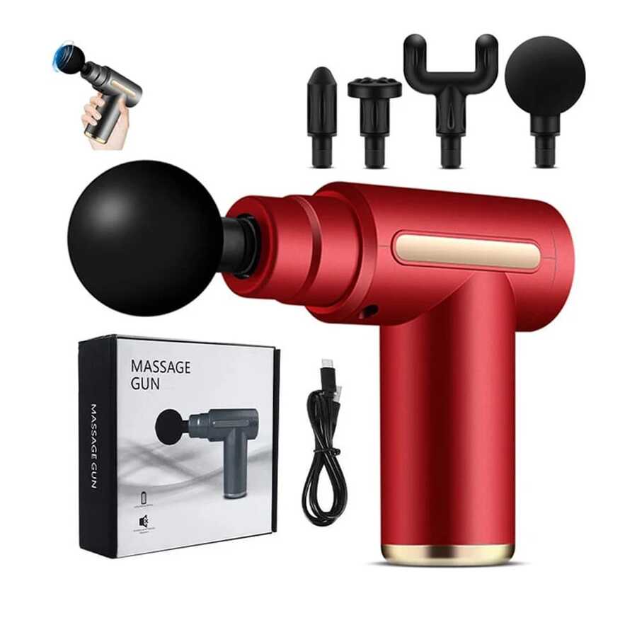Pistola de masaje eléctrica portátil de mano, mini pistola de masaje, batería de litio recargable de 1200 mAh, 4 accesorios, masaje de tejido profundo de 6 velocidades, adecuado para cuerpo, espalda, cuello - Carga USB, esencial para viajes - Rojo - Ver 1