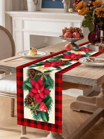 1 st/500 st jultema bordlöpare, julklappsask, julstjärna, god jul. Tillverkad av polyester, 35x180 cm, lämplig för julfestbordsdekoration, används för juldukning, matbordsdekoration, skapande av matstämning i vardagsrummet, innehåller julelement, varm matplats, högtidsdekorationer, skapar en festlig matstämning