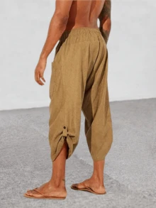 Runcati Mens Drawstring Linen Harem Capri Pants 3/4 Shorts Casual Beach Yoga Hippie Thai Pants - Màu vàng - Xem 2