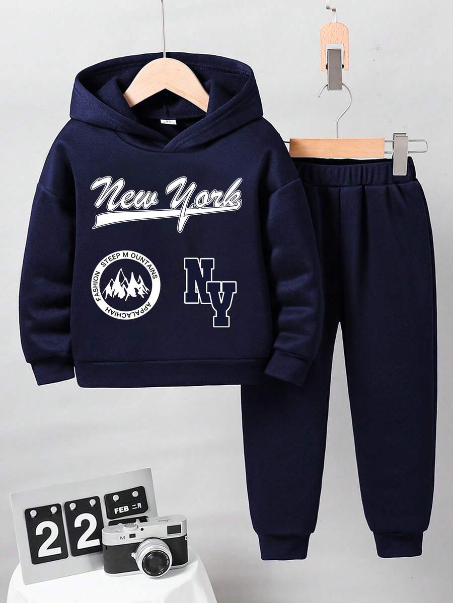 Bộ quần áo nỉ ấm in chữ cho bé mới biết đi - Xanh đậm - Xem 1