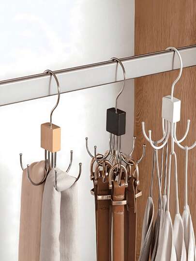 1/2pcs Rotating Wooden & Metal Waist Belt Rack - Multifunctional Wardrobe Storage Organizer For Belts, Bras, Camisoles, Ties And Scarves, With Stainless Steel Hooks - Space-Saving Design, Suitable For Fashionable Closet Organization, Multipurpose Storage | Modern Organizer | Wooden Base