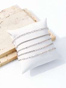 5pcs/Set Women's Fashion Chain Bracelet Set (Bead And Chain Quantity Random, Fixed Length) - Silver - View 2