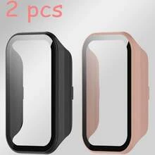 2 paquetes de carcasa dura de PC para el smartwatch Xiao Mi Smart Band 8 Active, con protector de pantalla de vidrio templado completo, funda protectora a prueba de golpes y accesorios para hombres y mujeres para Mi Band 8 Active y Xiao Mi Redmi Band 2