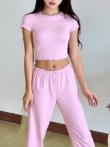 Conjunto de top corto de cuello redondo casual de unicolor brillante y pantalones rectos sueltos