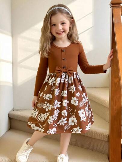 Young Girl Fashion Casual Knitted Striped Faux Cardigan Button Decor Long Sleeve Round Neck Bow Floral Print A-Line Hem Dress, Suitable For Everyday, Homewear, Outdoor, Sports, Spring/Autumn