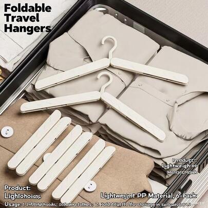 1 pièce Cintre de voyage pliable - portable avec pinces, sans rayures | Ultra léger, conception pliante durable pour fourre-tout et valises | Gain de place pour les voyages, les séjours à l'hôtel, les week-ends, les déplacements professionnels | Polyvalent pour accrocher les vêtements, les chaussettes, les sous-vêtements, les accessoires | Mécanisme de pince silencieux avec une prise douce et une finition sans rayure pour les tissus délicats | Accessoire de rangement compact prêt à emballer pour les voyages toutes saisons et l'organisation de la garde-robe nomade