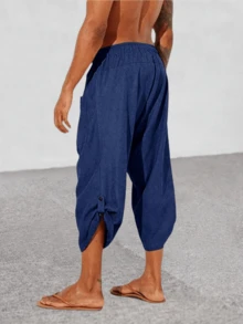 Mens Drawstring Linen Harem Capri Pants 3/4 Shorts Casual Beach Yoga Hippie Thai Pants - Blue - View 2