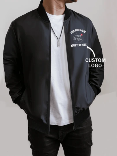 Customized Personalized Men's Zip-Up Long Sleeve Stand Collar Casual Solid Color Sports Jacket By Adding Your Own Picture And Your Text/Logo (Photo/Selfie/Family Photo/Selfie/Pet Photo/Friend Photo/Lover Photo/Girlfriend Photo) Design Personalized Print Outerwear,