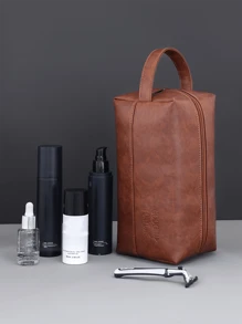 Bolsa de viaje impermeable para artículos de tocador para hombres, organizador de maquillaje portátil con cremallera, bolsos de mano con costura retro de PU, bolsa de aseo de gran capacidad para viajes de negocios