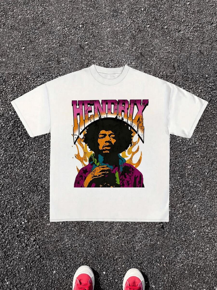 Flamekissed Graphic Tee Featuring Retro Rock Legend Portrait And Distressed Band Name Is 220g Classic Music Fan Cool Tshirt For Casual Wear - 白色 - 查看 1