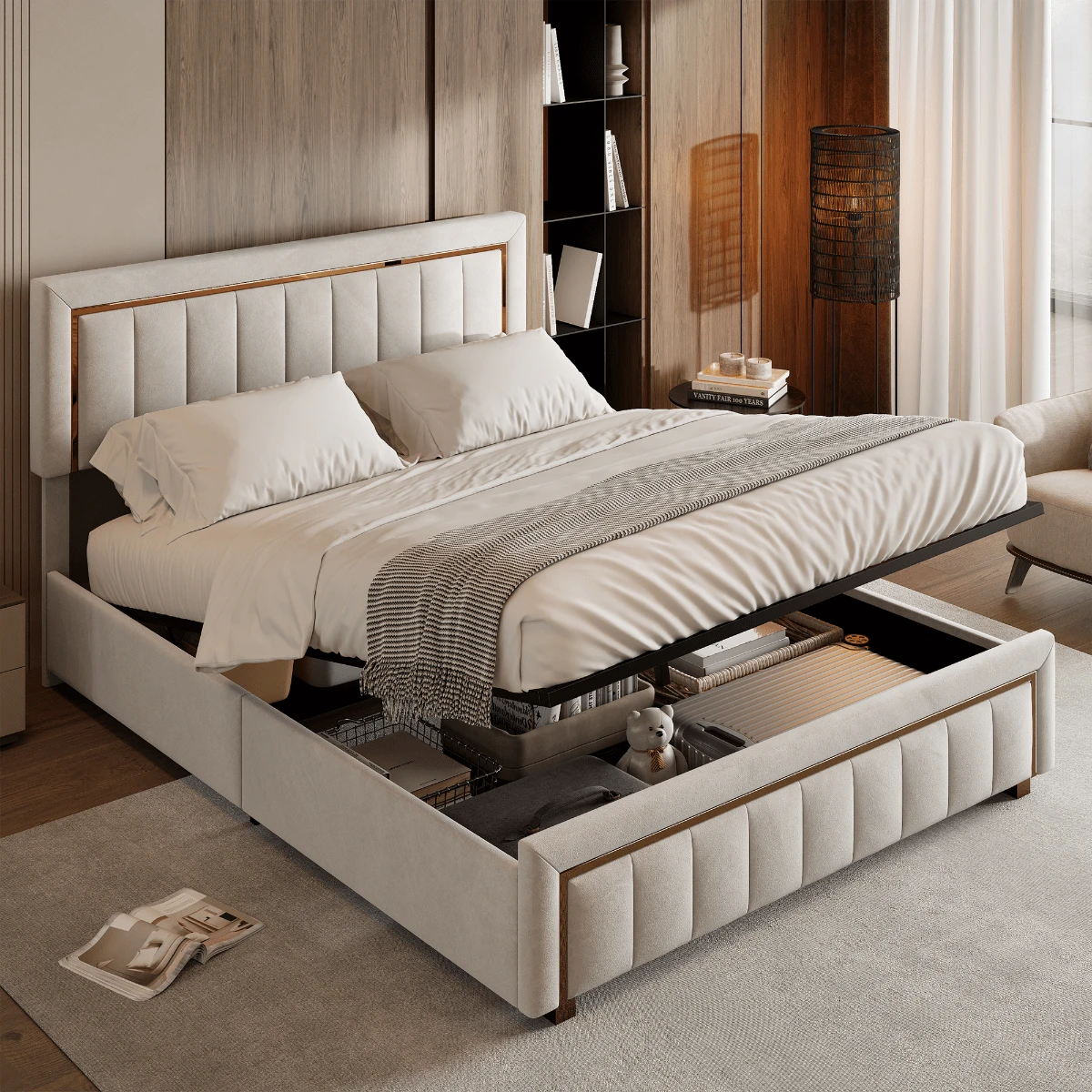 HOKZYHOUSE Letto imbottito 140 x 200 cm, letto matrimoniale con contenitore idraulico e rete a doghe, letto contenitore, righe verticali con bordi dorati, velluto, beige - Beige - Visualizzare 1