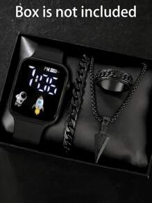 4件套，1件全新LED数字心形电子手表和3件十字/箭头合金戒指项链手链套装。万圣节、圣诞节、情人节、母亲节等节日礼物的最佳选择